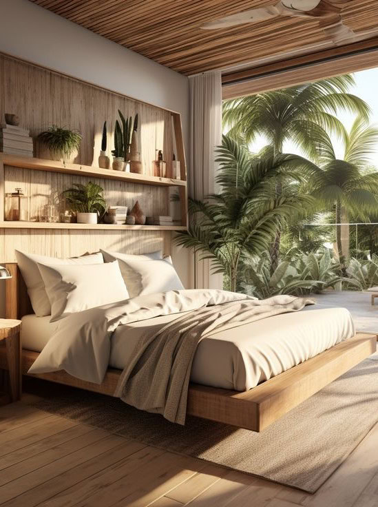 L'image montre une chambre à coucher lumineuse avec un lit en bois clair, couvert de draps blancs et beiges. Le mur derrière le lit est décoré d'étagères en bois où sont disposées des plantes et des objets décoratifs. De grandes fenêtres laissent entrer la lumière naturelle, révélant une vue sur une végétation tropicale luxuriante. Le plafond en bois ajoute une touche chaleureuse et naturelle à l'ensemble, créant une atmosphère apaisante et relaxante.