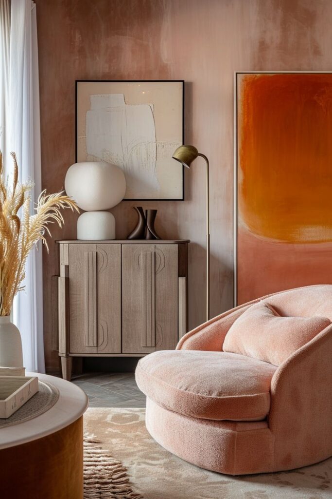 Un salon au style vintage avec un fauteuil en velours rose aux formes arrondies, posé devant un mur aux teintes chaudes. Un grand tableau aux nuances orange et rouge est accroché au mur, apportant une touche artistique à la pièce. À côté, un buffet en bois clair est décoré d'une lampe sculpturale et d'objets minimalistes. L'ensemble crée une ambiance chaleureuse et élégante, avec des textures riches et des couleurs terreuses.