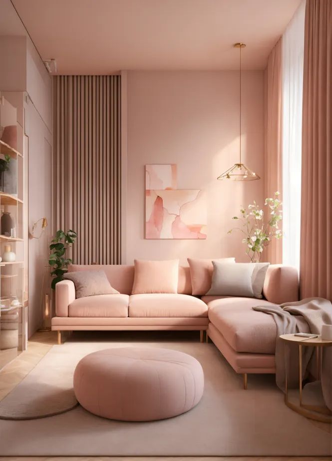 Un salon chaleureux avec un canapé d'angle rose pastel et un grand pouf rond assorti. La pièce est baignée de lumière naturelle, créant une atmosphère douce et apaisante. Des plantes d'intérieur apportent une touche de verdure, tandis qu'un tableau abstrait aux teintes pastel décore le mur, renforçant l'ambiance cosy et harmonieuse de l'espace.