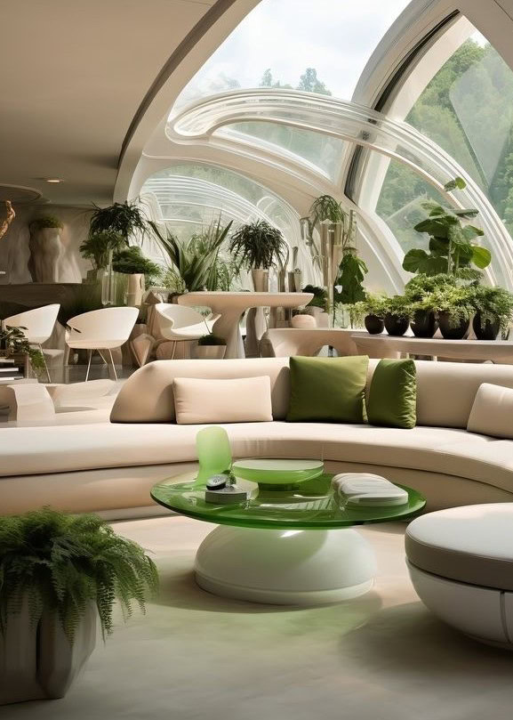 L'image montre un salon au design futuriste avec des canapés beiges disposés en forme courbée, accompagnés de coussins verts. Au centre, une table basse blanche avec un plateau vert ajoute une touche de couleur. De grandes fenêtres arrondies encadrent la vue panoramique sur une nature verdoyante, tandis que des plantes d'intérieur sont disposées autour de la pièce, renforçant l'ambiance naturelle et moderne de l'espace.