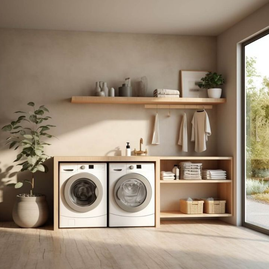 Buanderie moderne avec une machine à laver et un sèche-linge intégrés dans un meuble en bois clair. Au-dessus, une étagère en bois supporte des articles de rangement et de décoration. À droite des appareils, une tringle suspend des vêtements propres et une étagère inférieure accueille des paniers de rangement. À gauche, une grande plante en pot ajoute une touche de verdure. Une grande porte vitrée sur la droite laisse entrer une lumière naturelle abondante, illuminant la pièce.