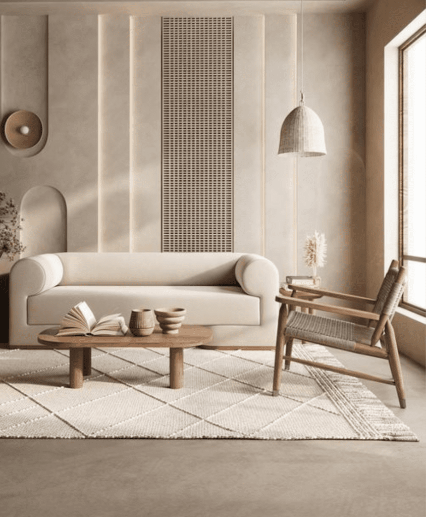 Salon minimaliste avec un canapé beige, une table basse en bois sur un tapis à motifs géométriques, et une chaise en bois. Les murs sont décorés de panneaux verticaux et une suspension en forme de dôme apporte une touche d'élégance. L'ambiance est sereine et lumineuse avec des tons naturels et neutres.