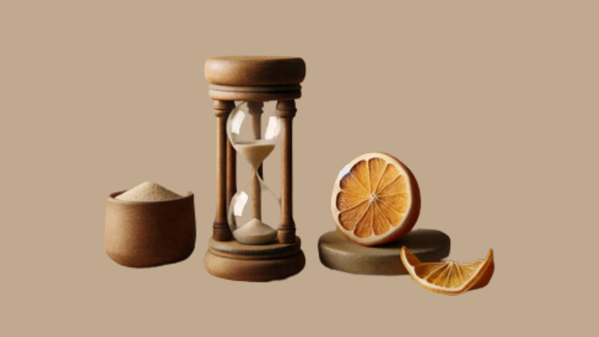 Illustration d'un sablier en bois, d'un récipient de sable et d'une orange coupée en deux.