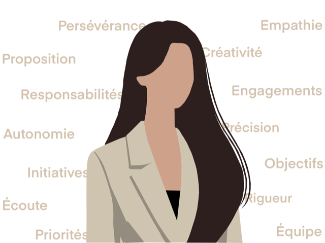 Illustration d'une femme aux cheveux longs et bruns, vêtue d'une veste beige, entourée de mots-clés relatifs aux compétences professionnelles tels que "Persévérance", "Empathie", "Créativité", "Engagements", "Objectifs", "Équipe", "Précision", "Rigueur", "Initiatives", "Autonomie", "Responsabilités", "Proposition", "Écoute", et "Priorités".