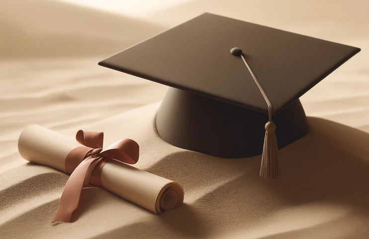 Chapeau de graduation noir avec un pompon, posé à côté d'un diplôme enroulé et attaché avec un ruban, sur une surface de sable beige. Ces objets symbolisent l'accomplissement académique et la célébration d'une étape importante dans la vie des étudiants.