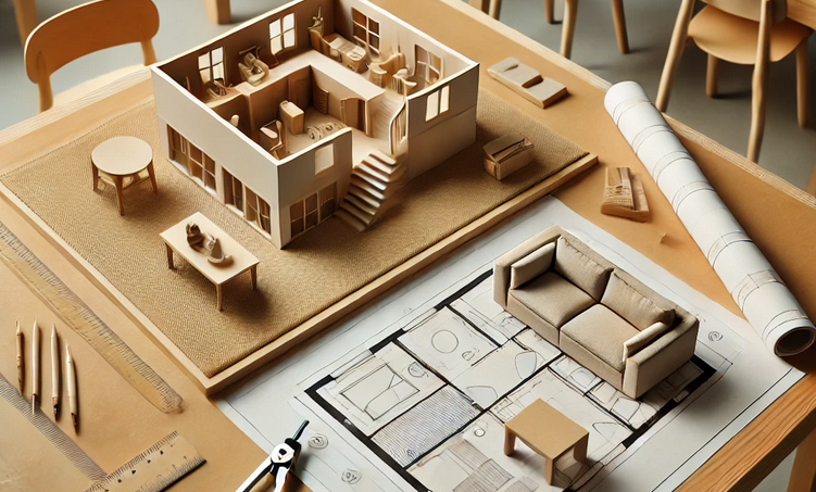 Un bureau de conception architecturale montrant une maquette détaillée d'une maison avec des pièces meublées, un plan d'étage et des modèles miniatures de meubles, dont un canapé et une table. Divers outils de dessin et de mesure, incluant des crayons, une règle et des compas, sont disposés autour sur une table en bois.