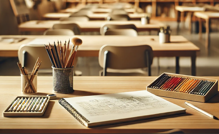 Espace de travail artistique avec des crayons, des pinceaux, une boîte de pastels et un carnet de croquis ouvert sur une table en bois. En arrière-plan, plusieurs tables et chaises sont alignées dans une salle de classe, suggérant un environnement d'atelier pour les étudiants.