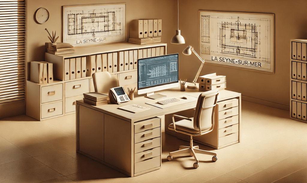 Un bureau d'architecte bien organisé avec une grande table de travail au centre, équipée d'un ordinateur avec un large écran affichant des plans architecturaux. Autour de la table, on trouve divers outils de travail, notamment un téléphone, des dossiers et une lampe de bureau. Les murs sont décorés de grands plans architecturaux, et une étagère remplie de classeurs et de dossiers est visible en arrière-plan.