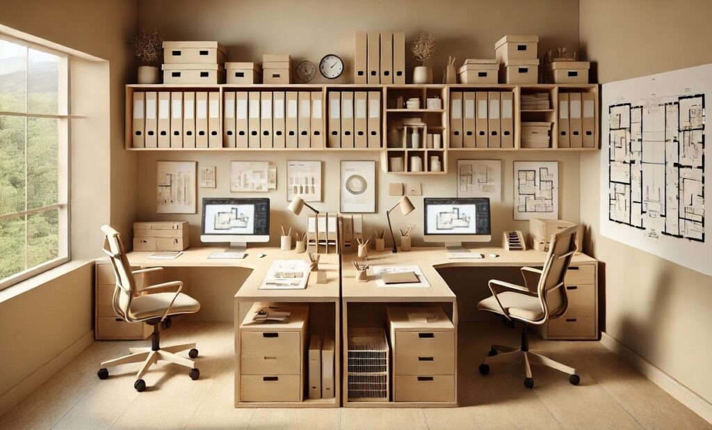 L'image montre un bureau d'architecte bien aménagé avec deux postes de travail côte à côte. Chaque poste est équipé d'un ordinateur, de tiroirs de rangement et de divers outils de travail. Au-dessus des bureaux, des étagères contiennent de nombreux classeurs, boîtes de rangement et documents, organisés de manière ordonnée. Les murs sont décorés de plans architecturaux et une grande fenêtre laisse entrer la lumière naturelle, offrant une vue sur un extérieur verdoyant.