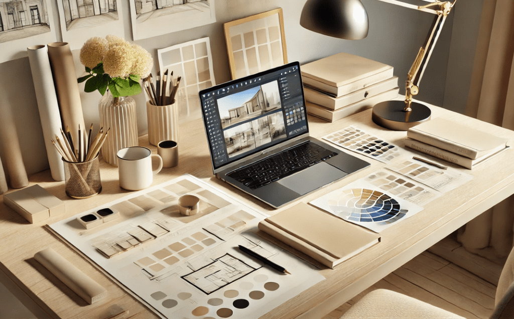 Un bureau de design d'intérieur moderne, avec un ordinateur portable affichant un logiciel de modélisation 3D, entouré d'échantillons de matériaux et de couleurs, des plans d'étage, des crayons et des stylos, sur un bureau en bois clair, éclairé par une lampe moderne et décoré avec un vase de fleurs blanches.