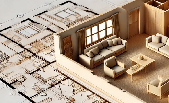 Détail d'une maquette architecturale de salon placée sur un plan d'étage dessiné, montrant des meubles miniatures tels que des canapés, des fauteuils et une table basse. Les détails du plan d'étage, avec des murs, des portes et des fenêtres, sont clairement visibles.