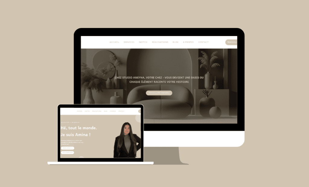 L'image montre un site web affiché sur deux appareils : un ordinateur de bureau et une tablette. L'écran de l'ordinateur présente la page d'accueil du site web, avec une image de fond stylisée et un texte d'accroche au centre. Sur la tablette, une autre section du site est visible, mettant en avant un portrait d'une femme professionnelle.